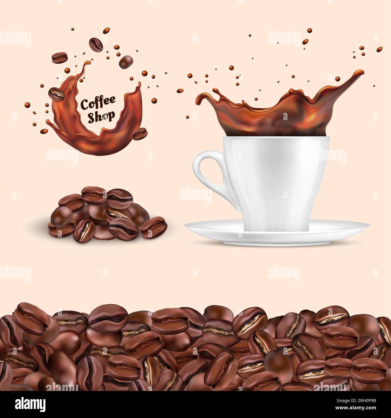 Kaffeebohnen. Heißes Getränk. Porzellanbecher. Espresso-Spritzer. Koffein Getränketasse. Realistische Arabica-Samen. Flüssigspray. Geröstetes Getreide im Café. Cappucc Stock Vektor