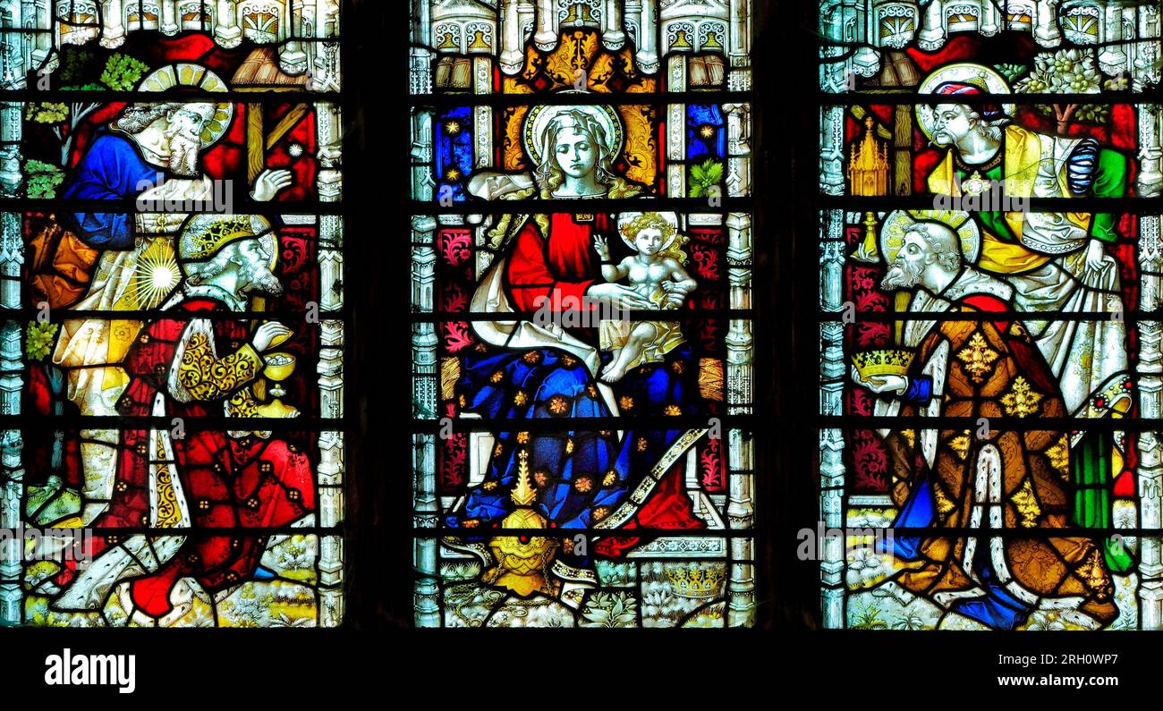 Die Geburt, Weihnachten, die Bewunderung der Magi, drei Könige, Maria, Joseph, Jesus, Buntglasfenster, Dockingkirche, Norfolk Stockfoto