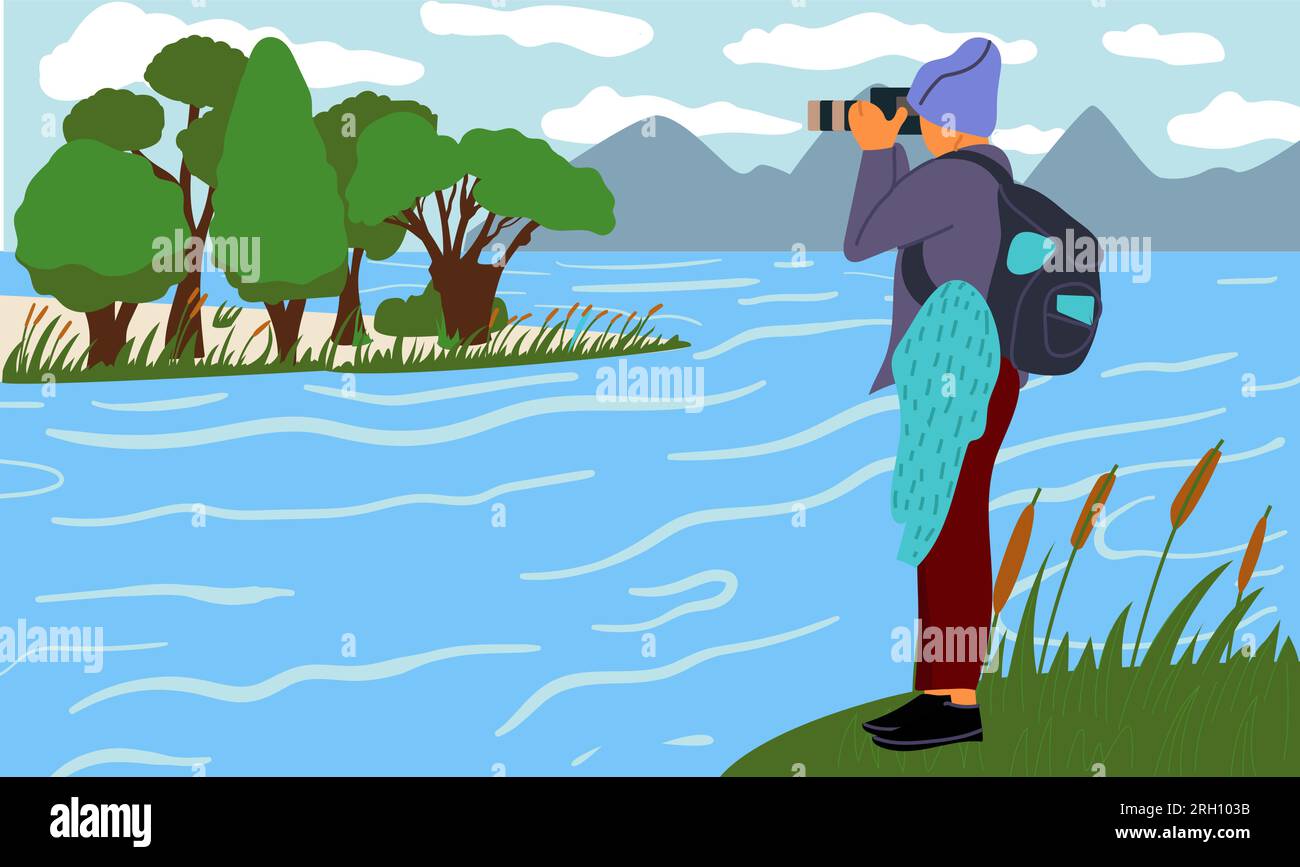 Fotograf in der Natur. Ein Zeichentrickspieler, der mit der Kamera fotografiert. Malerische Flusslandschaft. Ein Typ, der Fotos macht. Tourist fotografiert Seewasser und Vorder Stock Vektor