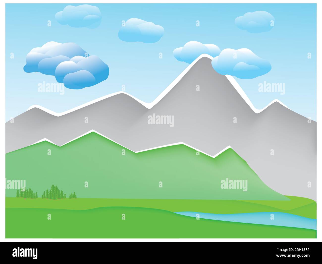 Sommerliche Berglandschaft im Stil der Papieranwendung. Vektordarstellung Stock Vektor