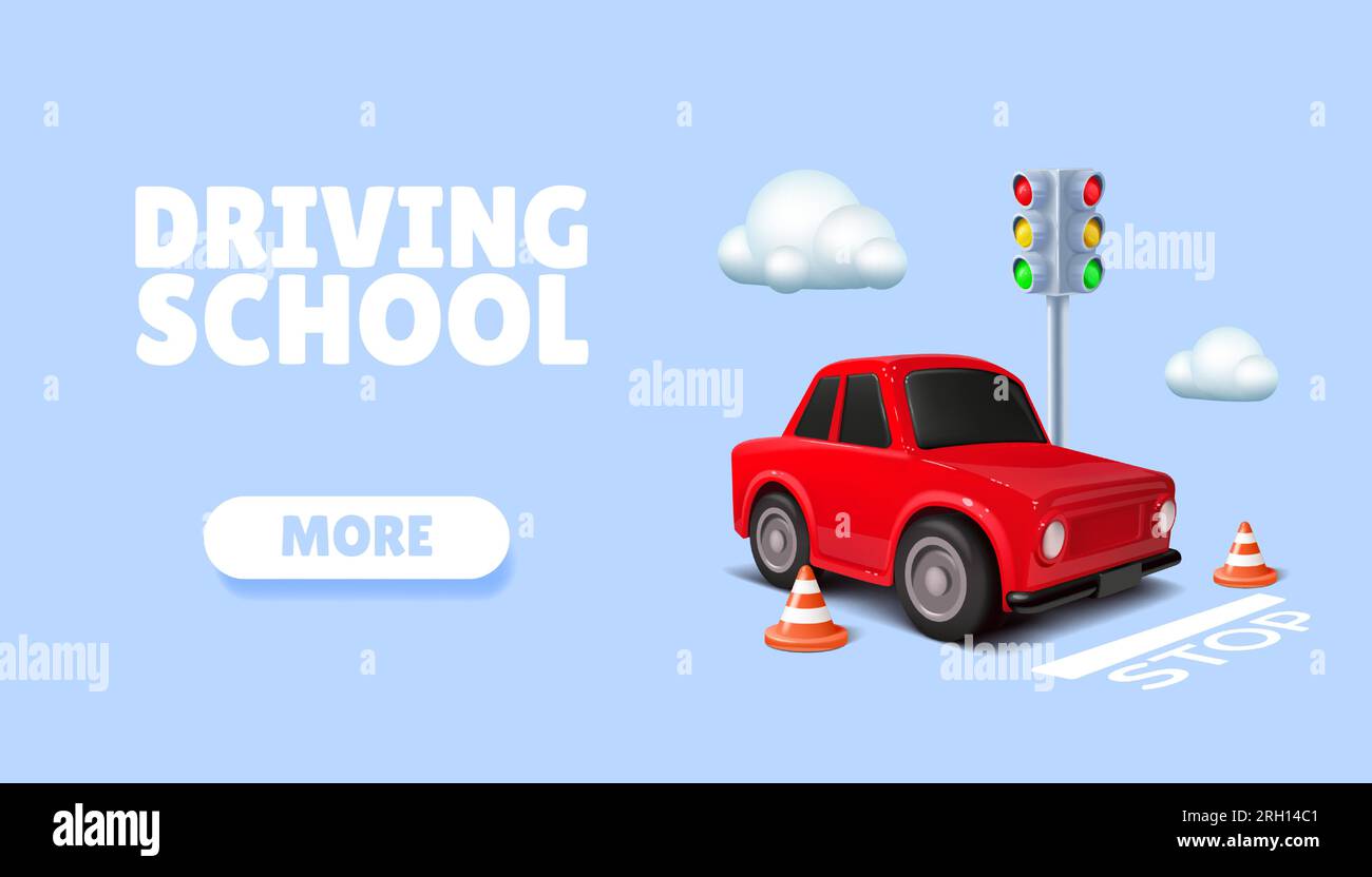 3D Autoverkehr. Webbanner Fahrschule. Auto-Parkplatz in der Stadt. Fahrzeugschild und Stadtstraße. Sicherheitsführerschein. Online-Schulung für Fahrer. Verkehr Stock Vektor