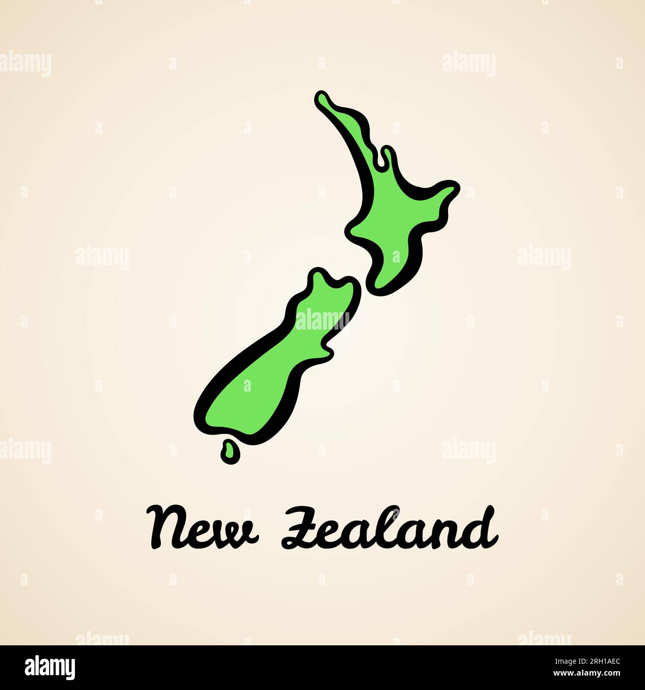 Grüne vereinfachte Karte von Neuseeland mit schwarzer Umrandung. Stock Vektor