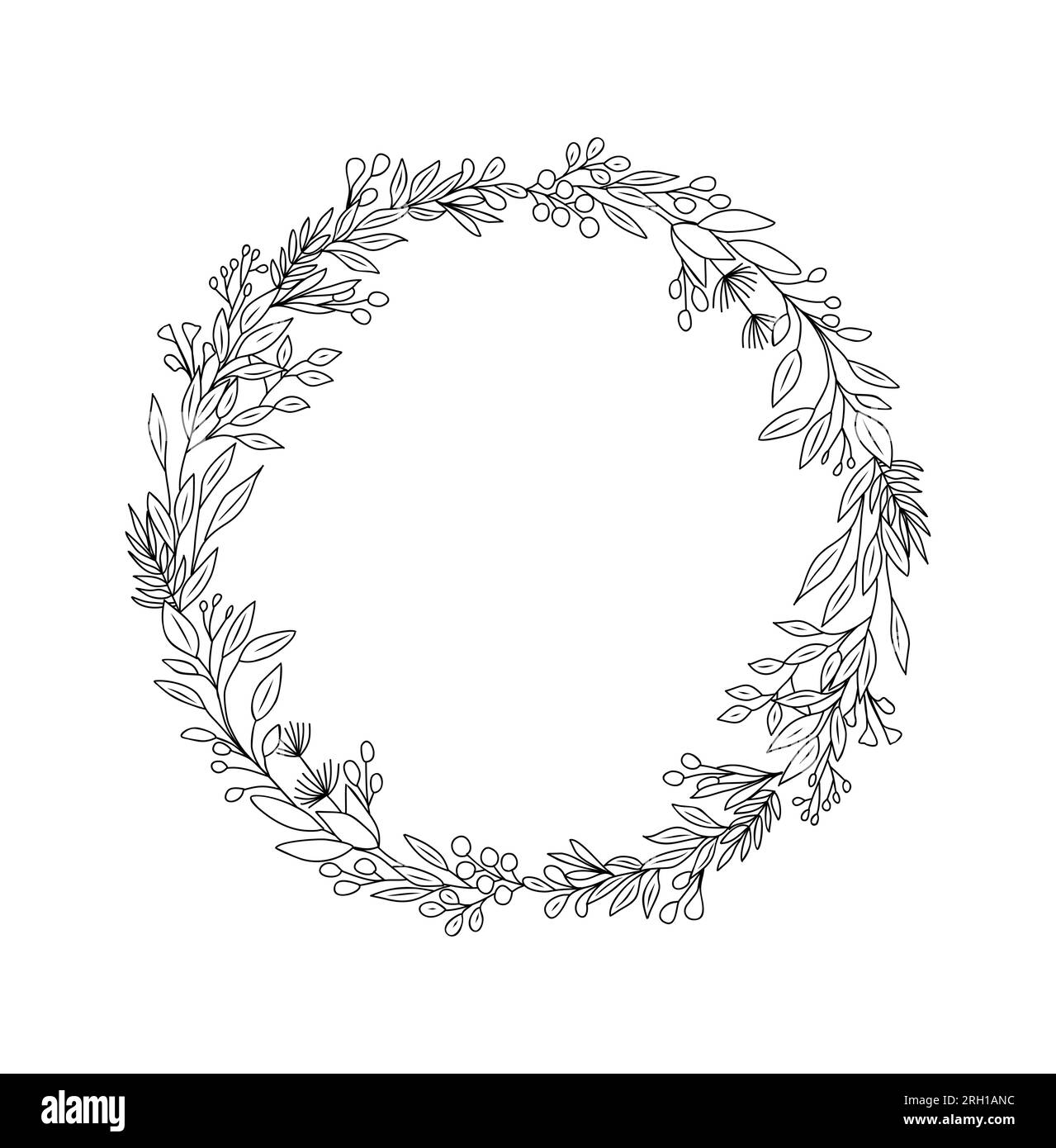 Handgezeichnete Wildblumen, Eukalyptusblätter Kranz. Stock Vektor