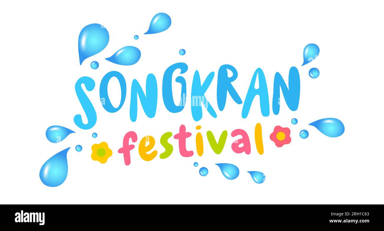 Vektorillustration der Typographie mit Tropfen für das Songkran-Festival. Vektorsymbol mit Wassertropfen für Songkran. Stock Vektor