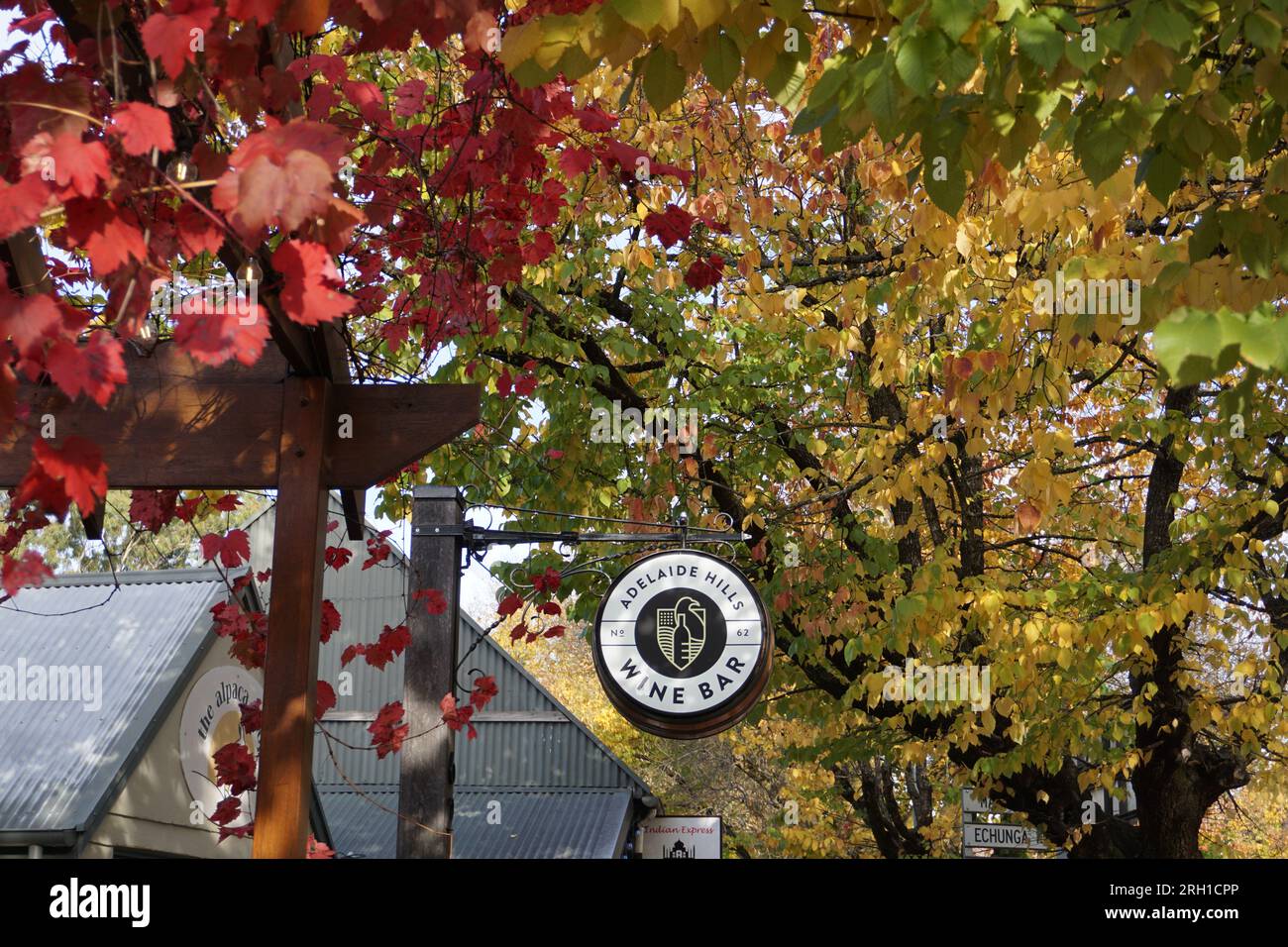 Ein Schild mit der Aufschrift Adelaide Hills Wine Bar, umgeben von roten und gelben herbstfarbenen Bäumen und Blättern in der beliebten Touristenstadt Hahndorf, Süd-australien Stockfoto