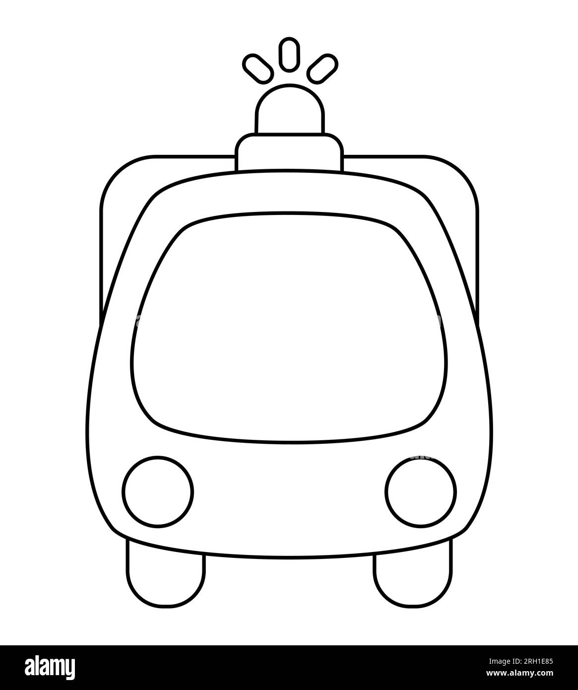 Vorderansicht des schwarz-weißen Feuerwehrautos Vector. Lustiger Transport für Kinder. Niedliche Fahrzeugseite. Symbol für spezielle Transportleitung isoliert o Stock Vektor