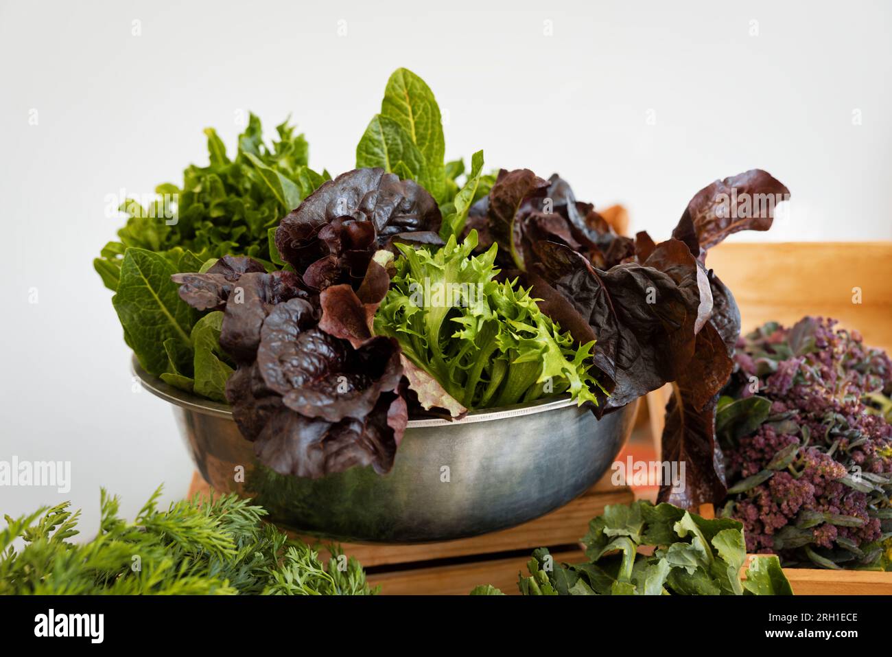 Flohmarktstand mit verschiedenen frischen Blattgemüse, Blumenkohl, Rucola und Wildsalatblättern in einer vorzeigbaren Präsentation Stockfoto