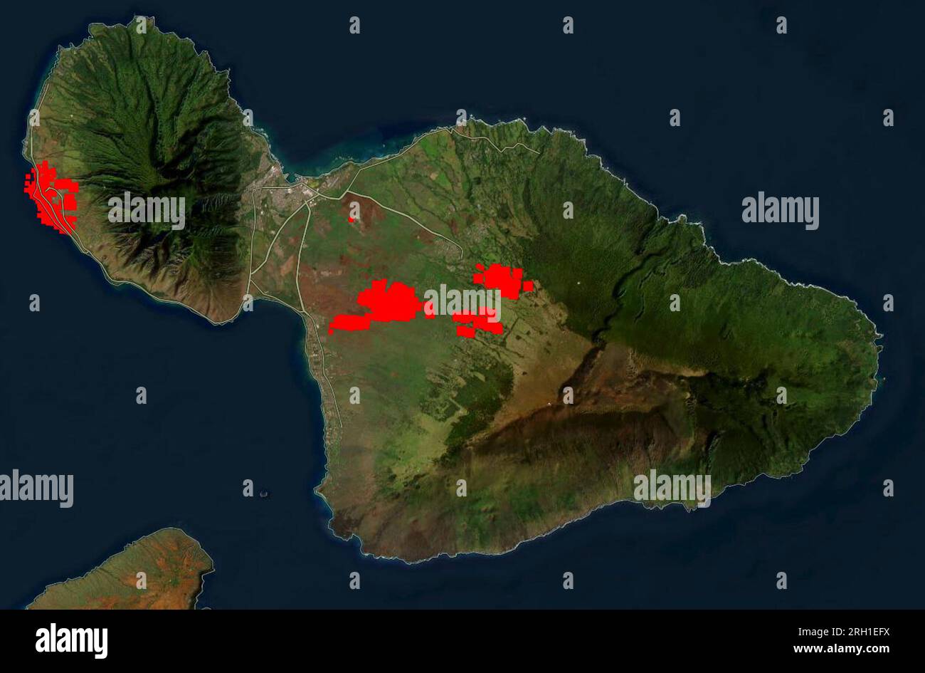Maui Island, Hawaii, USA. 9. Aug. 2023. Eine Karte der NASA zeigt die Standorte der Waldbrände von Maui am 9. August 2023. In Hawaii brannten Waldbrände und veranlassten Evakuierungen im ganzen Staat. (Kreditbild: © NASA/ZUMA Press Wire) NUR REDAKTIONELLE VERWENDUNG! Nicht für den kommerziellen GEBRAUCH! Stockfoto