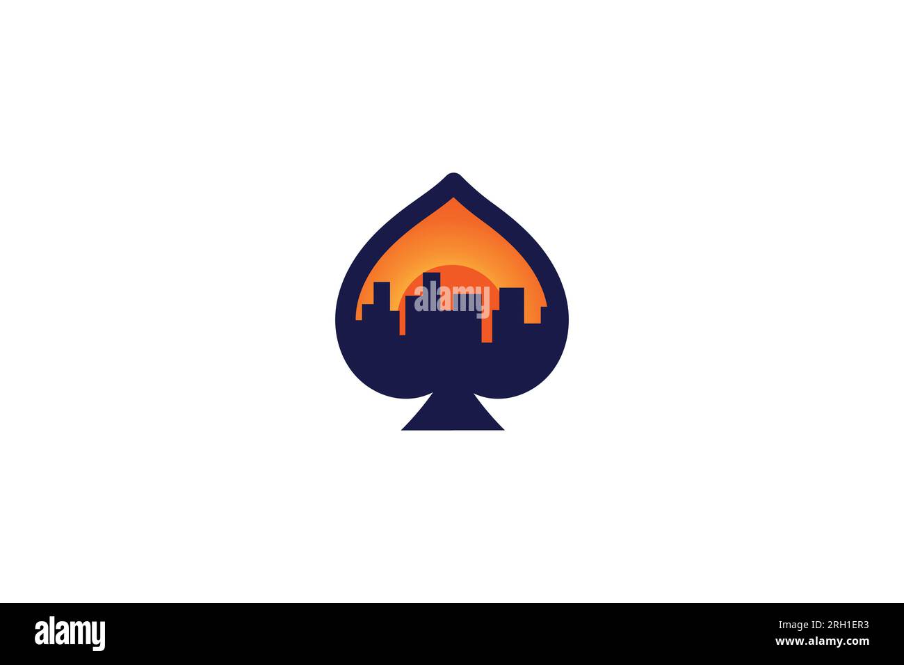 Logo von Sunset Casino City. Eine Stadt mit einem Sonnenuntergang in Form eines Pik Stock Vektor