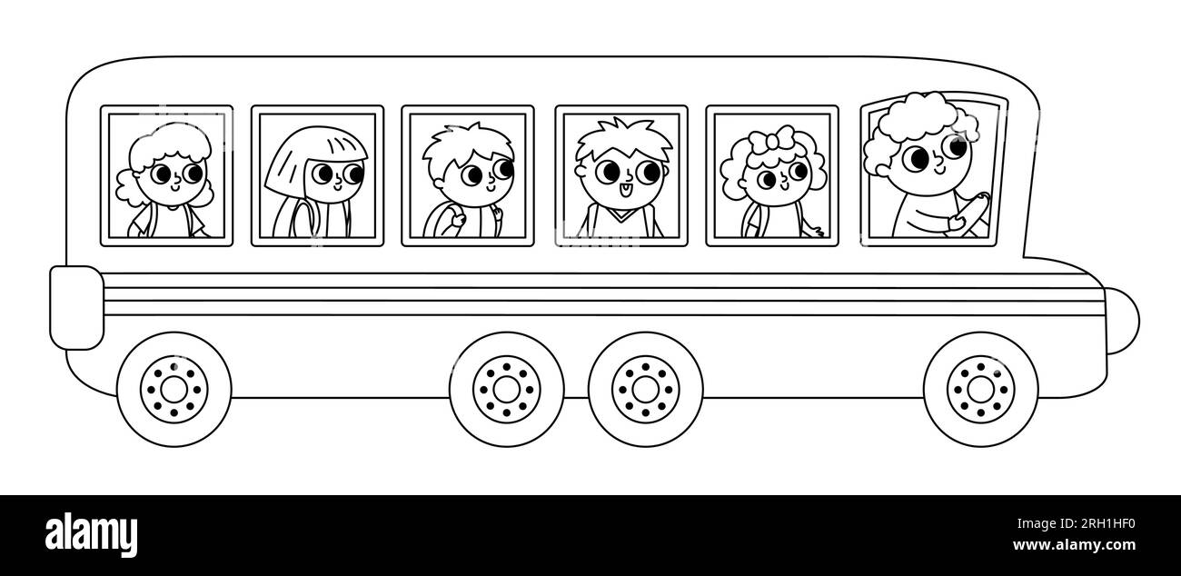 Schwarz-weißer Vector-Schulbus mit Fahrer und Passagieren. Schulabschluss. Flacher öffentlicher Nahverkehr. Transportleitung Stock Vektor