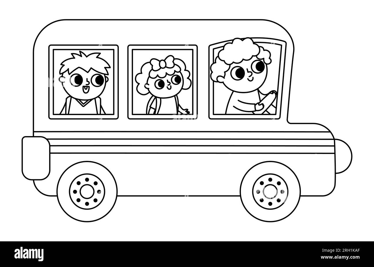 Schwarz-weißer Vector-Schulbus mit Fahrer und Passagieren. Die Schulbildung beginnt am Clipart. Flacher öffentlicher Nahverkehr. Transportsymbol Stock Vektor