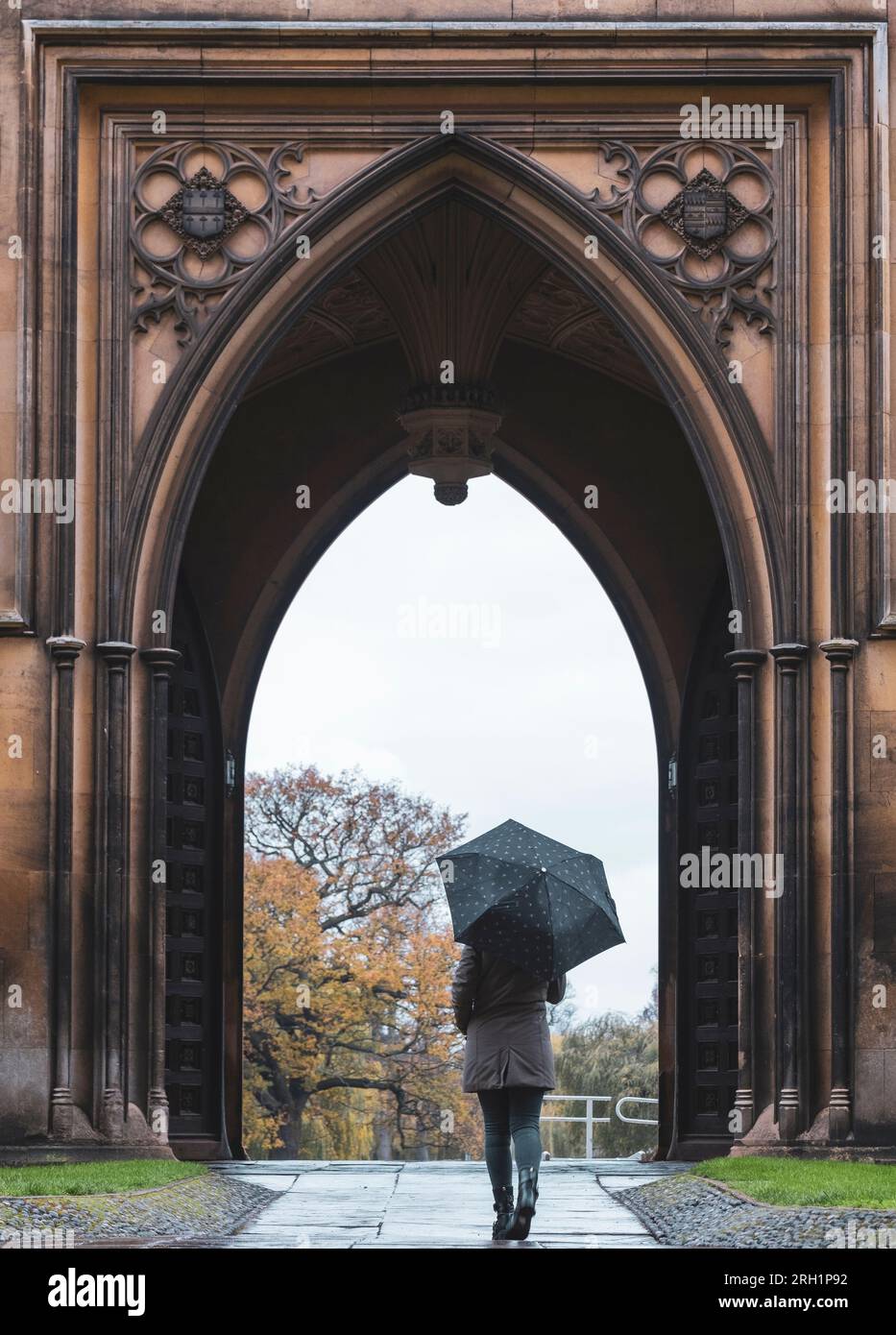 Eine Frau unter dem Schirm, die in den Straßen von Cambridge spaziert Stockfoto