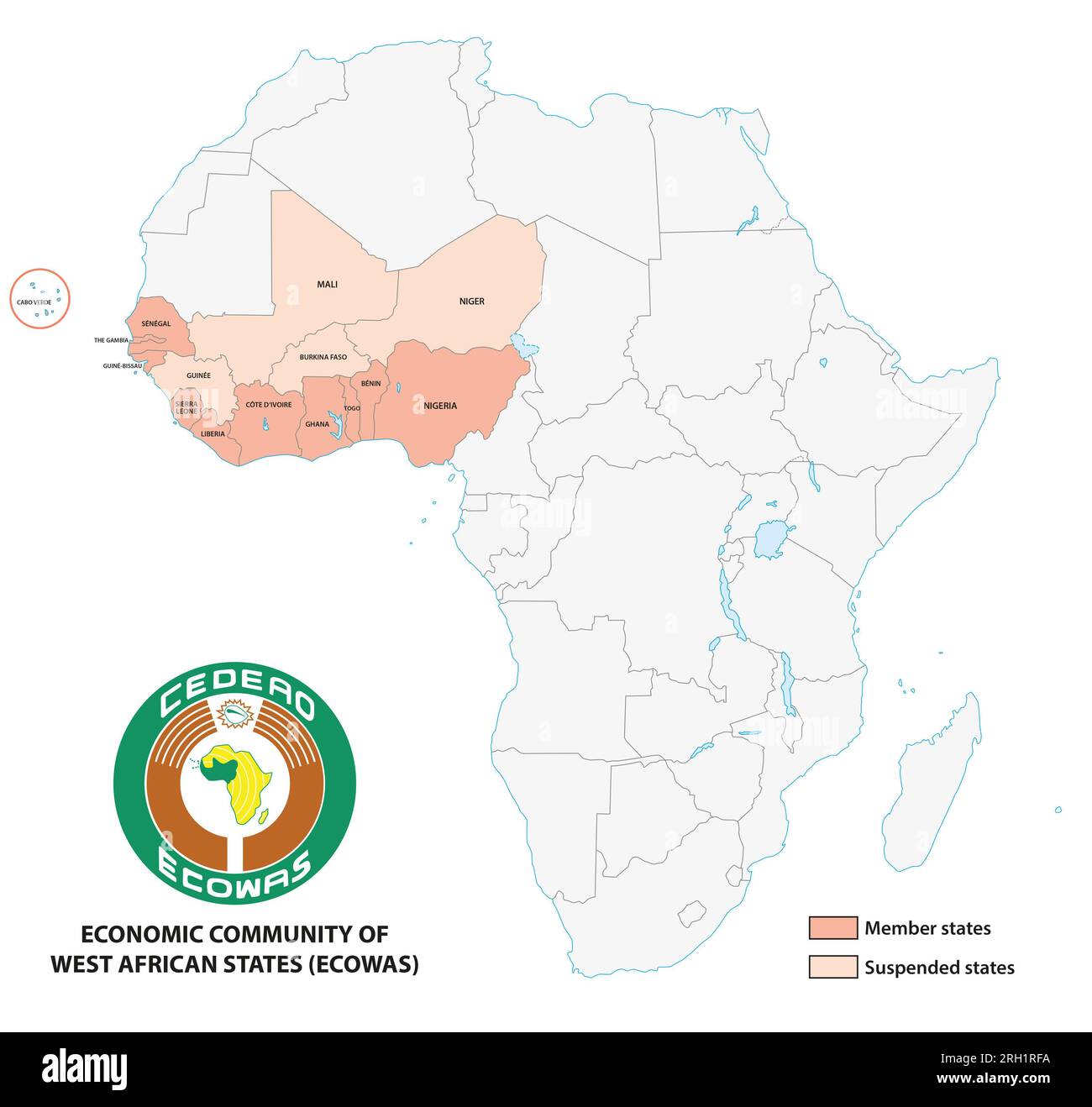 Karte der Wirtschaftsgemeinschaft der westafrikanischen Staaten (ECOWAS) Stockfoto