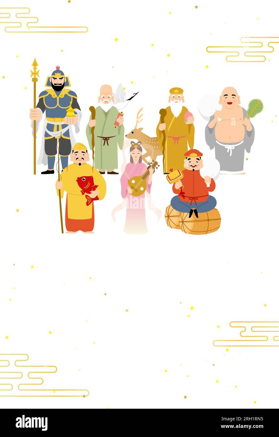 Japanische Neujahrskarte für das Jahr des Drachen, 2024, Sieben Glücksgötter mit japanischem Hintergrund Ekasumi, Vector Illustration Stock Vektor