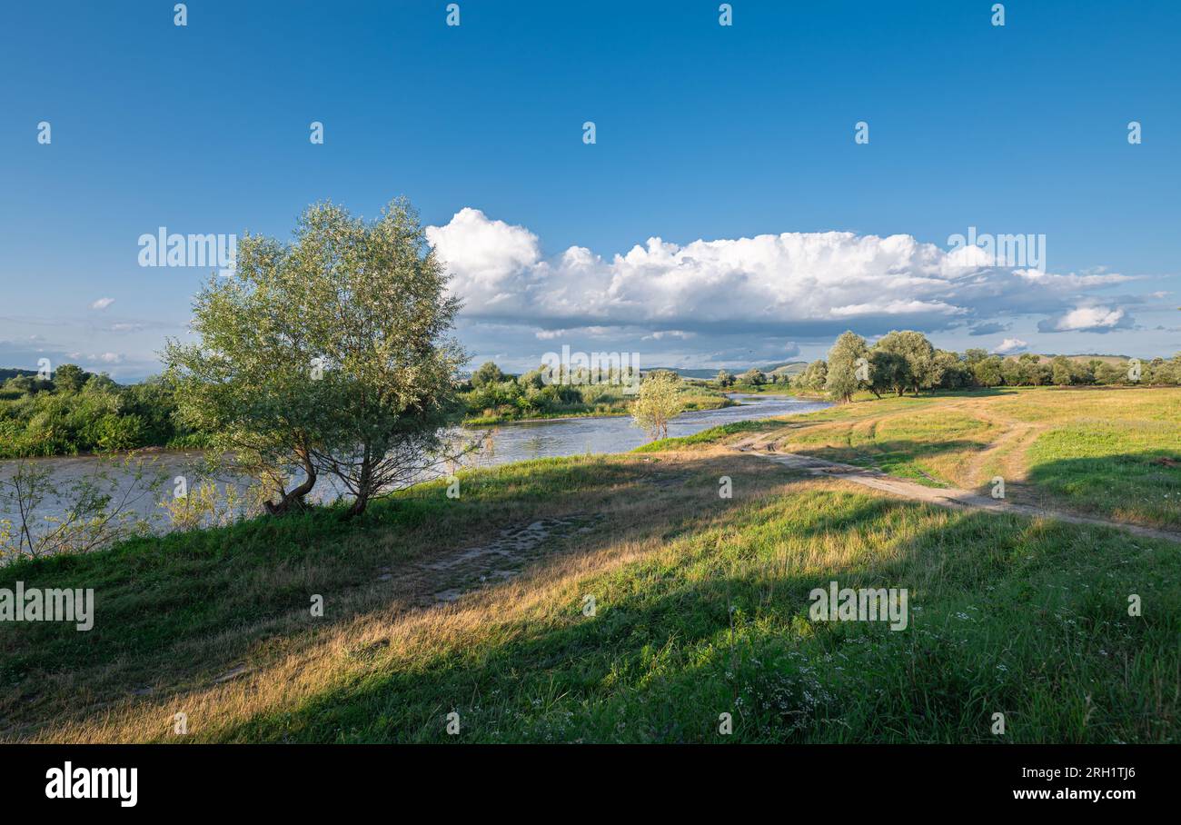 Wunderschöner Blick auf die Landschaft des Flusses Mures in Transsilvanien, Rumänien an einem sonnigen Sommerabend. Stockfoto