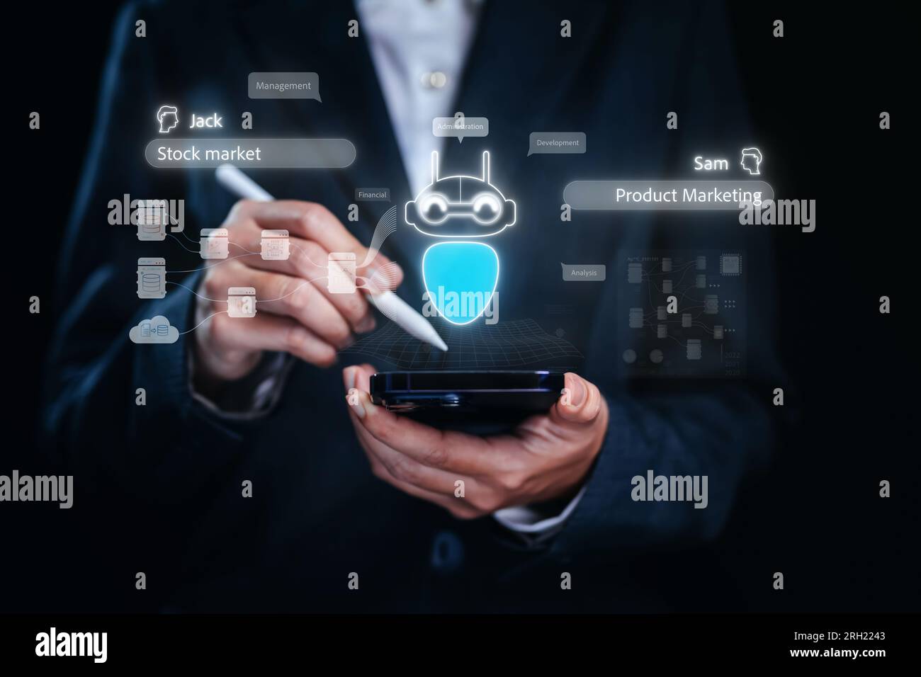 Hinweistext, KI-Textanzeige auf künstlicher Intelligenz des Smartphones. Hinweistext mit AI, Konzept der sofortigen Hinweistexte. Stockfoto