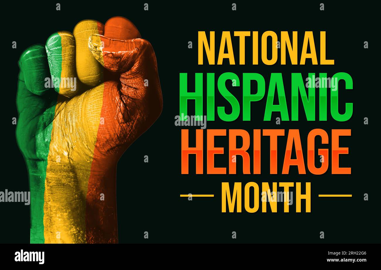 National Hispanic Heritage Month farbenfrohes Tapetendesign mit bemalter Faust, die Stärke und Typografie an der Seite zeigt. Hispano-Monat ist der Hintergrund Stockfoto
