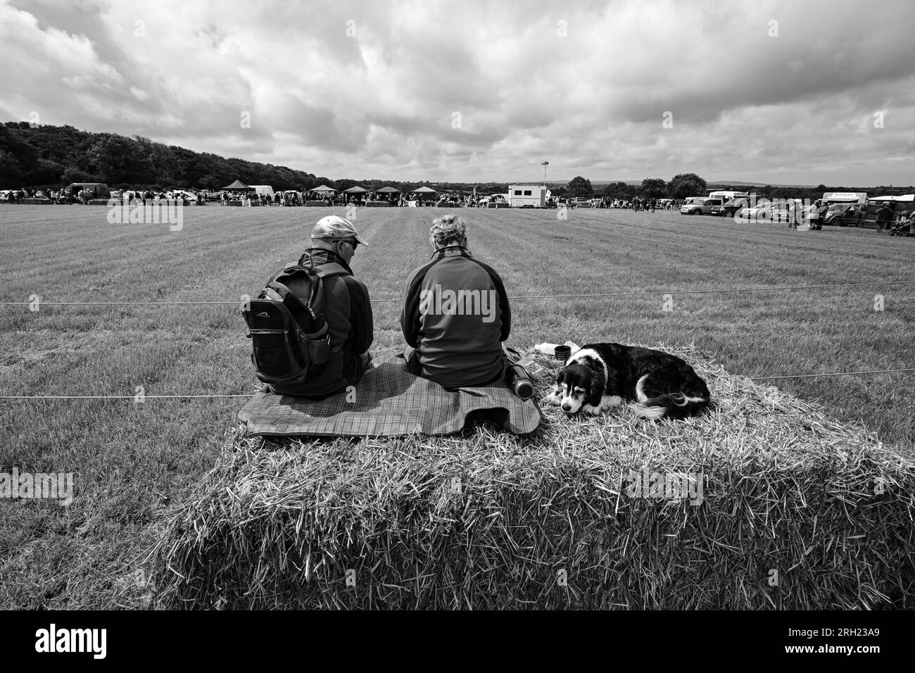 Carnhell Green Vintage Rally, 12. August 2023 zwei Leute, die das Ereignis mit dem Collie-Hund beobachten Stockfoto