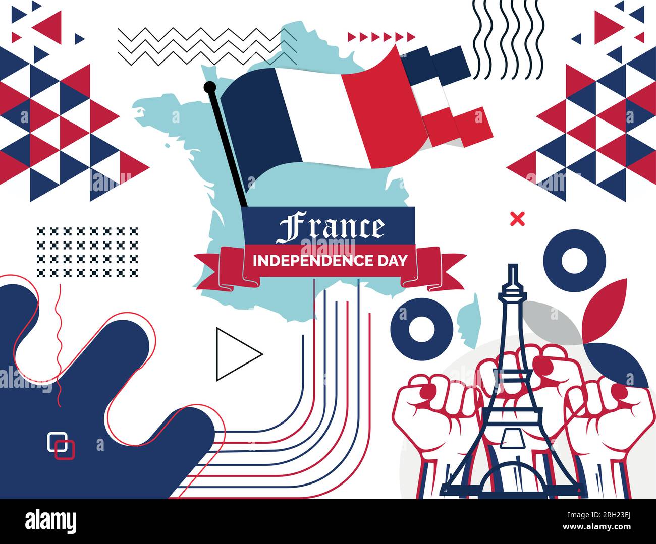 Bannerdesign für den Nationaltag in Frankreich. Französische Flagge und Kartenthema mit rotem und blauem Hintergrund des Eiffelturms. Präsidentschaftswahlen In La France. Stock Vektor