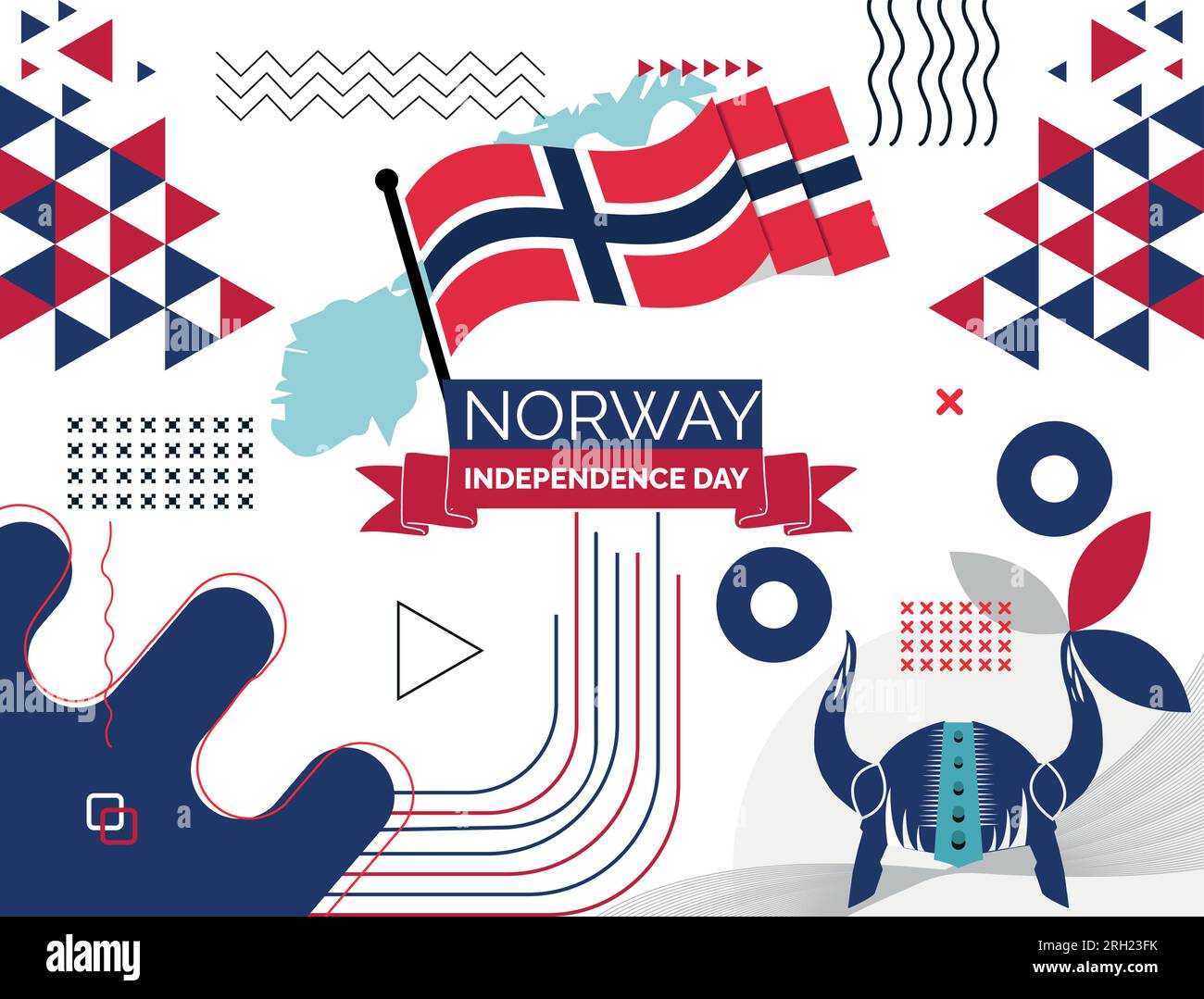 Norwegisches Bannerdesign für den Nationaltag. Norwegische Flagge und Kartenthema mit Oslo Wikingerhelm im Hintergrund. Modernes Design mit Vorlagenvektor und norwegischer Flagge. Stock Vektor