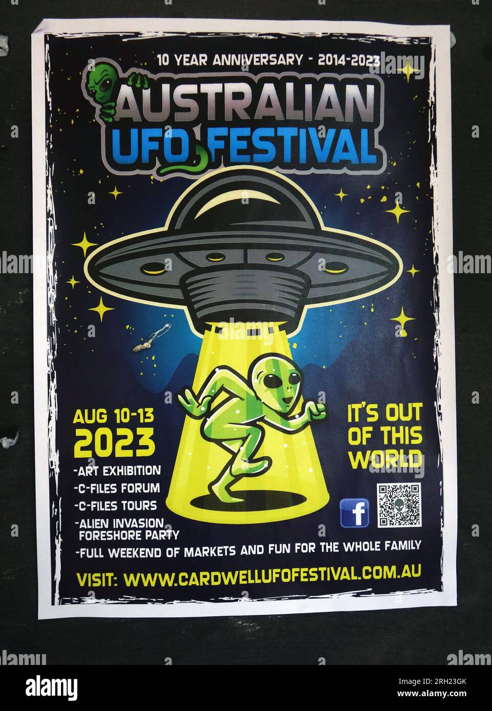 Poster für das Cardwell UFO Festival 2023, Cardwell, Queensland, Australien. Keine PR Stockfoto