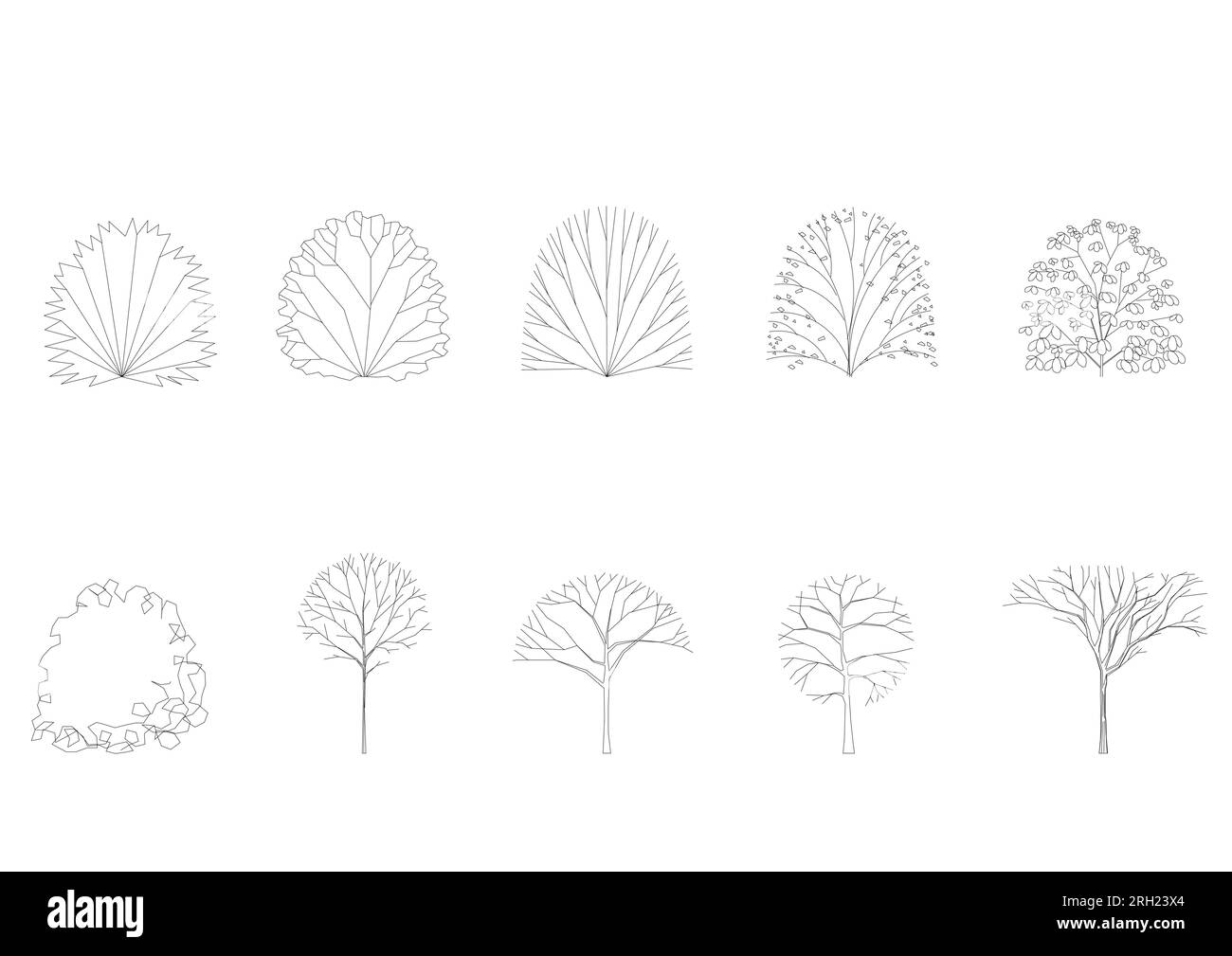 Baumansicht Zeichnung Seitenansicht Grafiken Baumansichten einzelne Objektkonturen Minimales Pflanzensymbol für Architektur- und Landschaftsdesign. Vektor. Stock Vektor