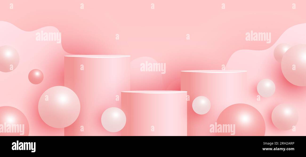 Trendige leere Mock-up-Szene mit Podium oder Plattform, fliegen Blase geometrischen Formen auf rosa Hintergrund. Minimale Szene mit geometrischen Formen für die Produktion Stock Vektor