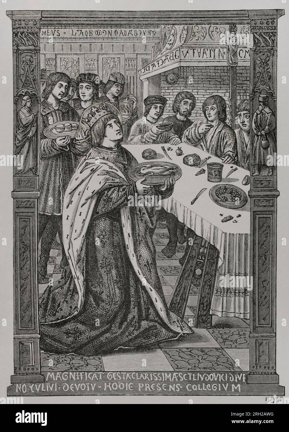 Louis IX oder Saint Louis (1214-1270). König von Frankreich (1226,1270). St. Louis serviert den Armen eine Mahlzeit. Gravur von Huyot nach einer Miniatur in „Petites Heures d'Anne de Bretagne“, ca. 1503. "Vie Militaire et Religieuse au Moyen Age et à l'Epoque de la Renaissance". Paris, 1877. Stockfoto