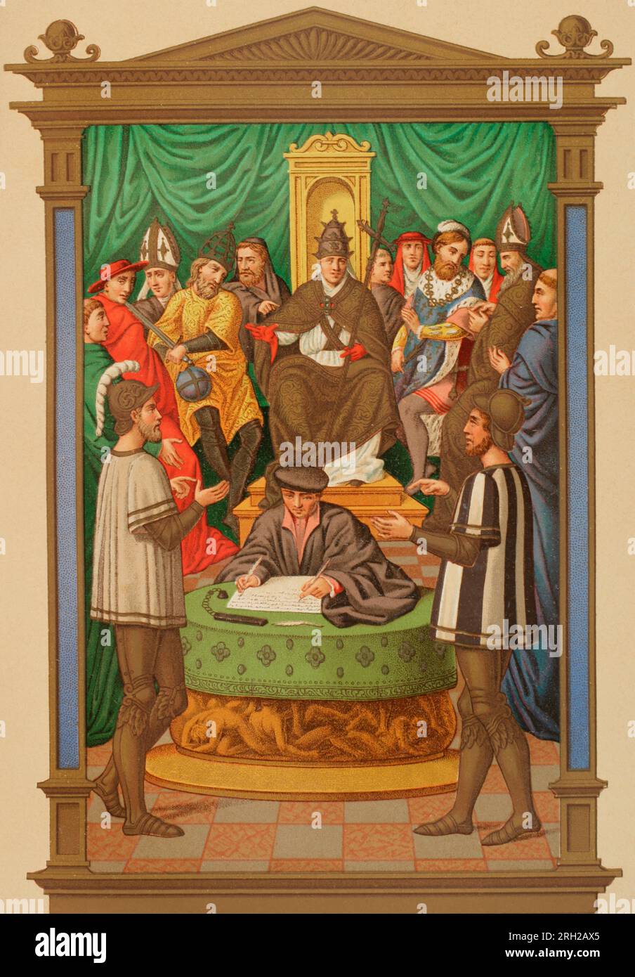 Streit zwischen zwei Rittern über die unbefleckte Empfängnis, in einem Turnier, das vom Kaiser angeordnet wurde. Chromolithographie nach Miniatur in Chants Royaux sur La Conception, 16. Jahrhundert. "Vie Militaire et Religieuse au Moyen Age et à l’Epoque de la Renaissance". Paris, 1877. Stockfoto