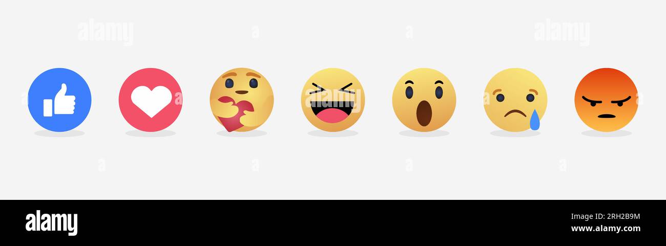Social-Media-Reaktionen Emojis, Daumen hoch, Liebesherz, Hug-Emoji, Haha-Lachen, überraschte Emoji, trauriges Weinen, wütend, 3D Vektor-Emoticons. Stock Vektor