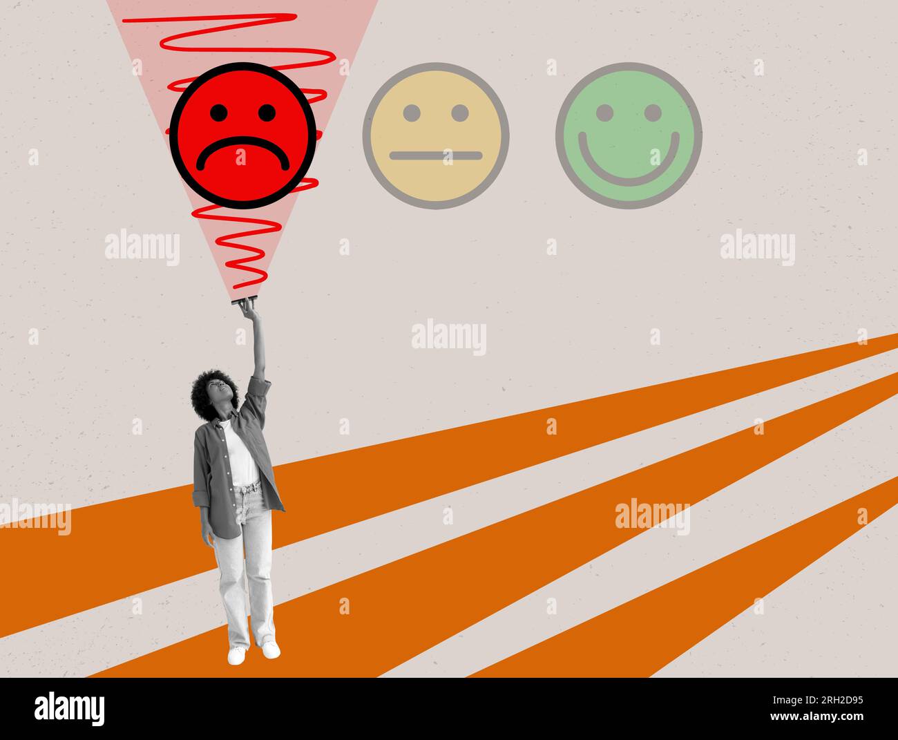 Frau wählt trauriges Emoticon als Symbol für negative Kundenerfahrung. Stockfoto
