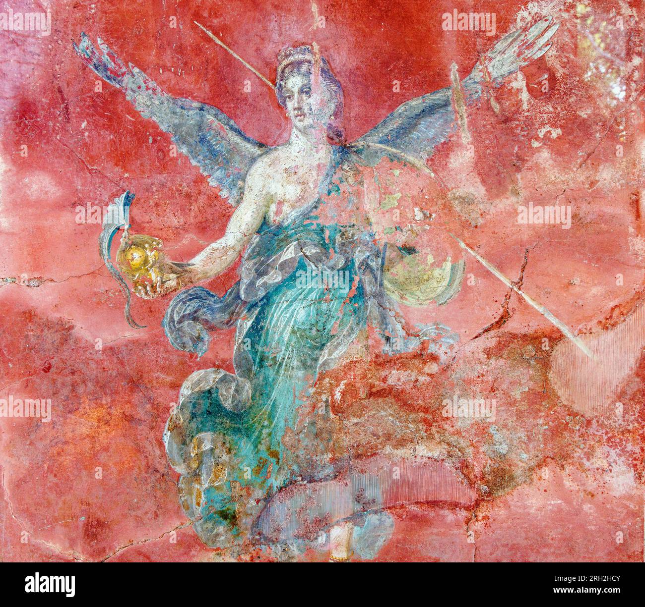 Ausgrabungsstätte Pompeji, Kampanien, Italien. Fresko mit Flügelsieg im großen Palaestra oder Palestra Grande. Pompeji, Herculaneum und Stockfoto