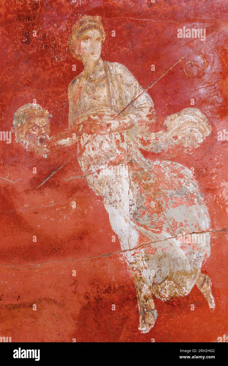 Ausgrabungsstätte Pompeji, Kampanien, Italien. Eine von einer Reihe von Fresken, die die Musen darstellen, die im großen Palaestra oder Palestra Grande ausgestellt sind. Stockfoto