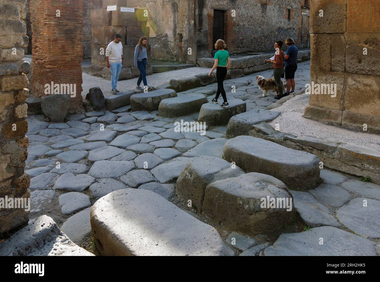 Ausgrabungsstätte Pompeji, Kampanien, Italien. Treppensteine auf der anderen Straßenseite. Pompeji, Herculaneum und Torre Annunziata werden gemeinsam als A bezeichnet Stockfoto