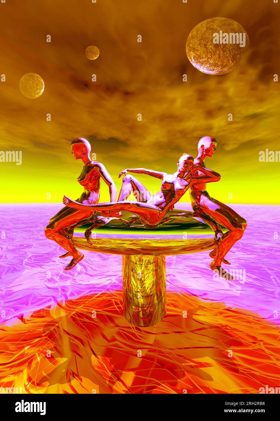 Drei außerirdische weibliche Humanoide, die auf einem Stan ruhen, flüssiges Metall darunter und Monde am Himmel Stockfoto