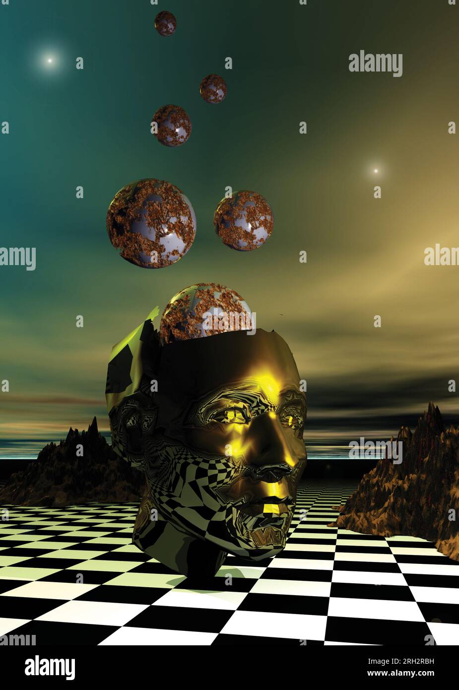 goldener humanoider Kopf auf einem Schachbrett, Kugeln kommen heraus, Stockfoto