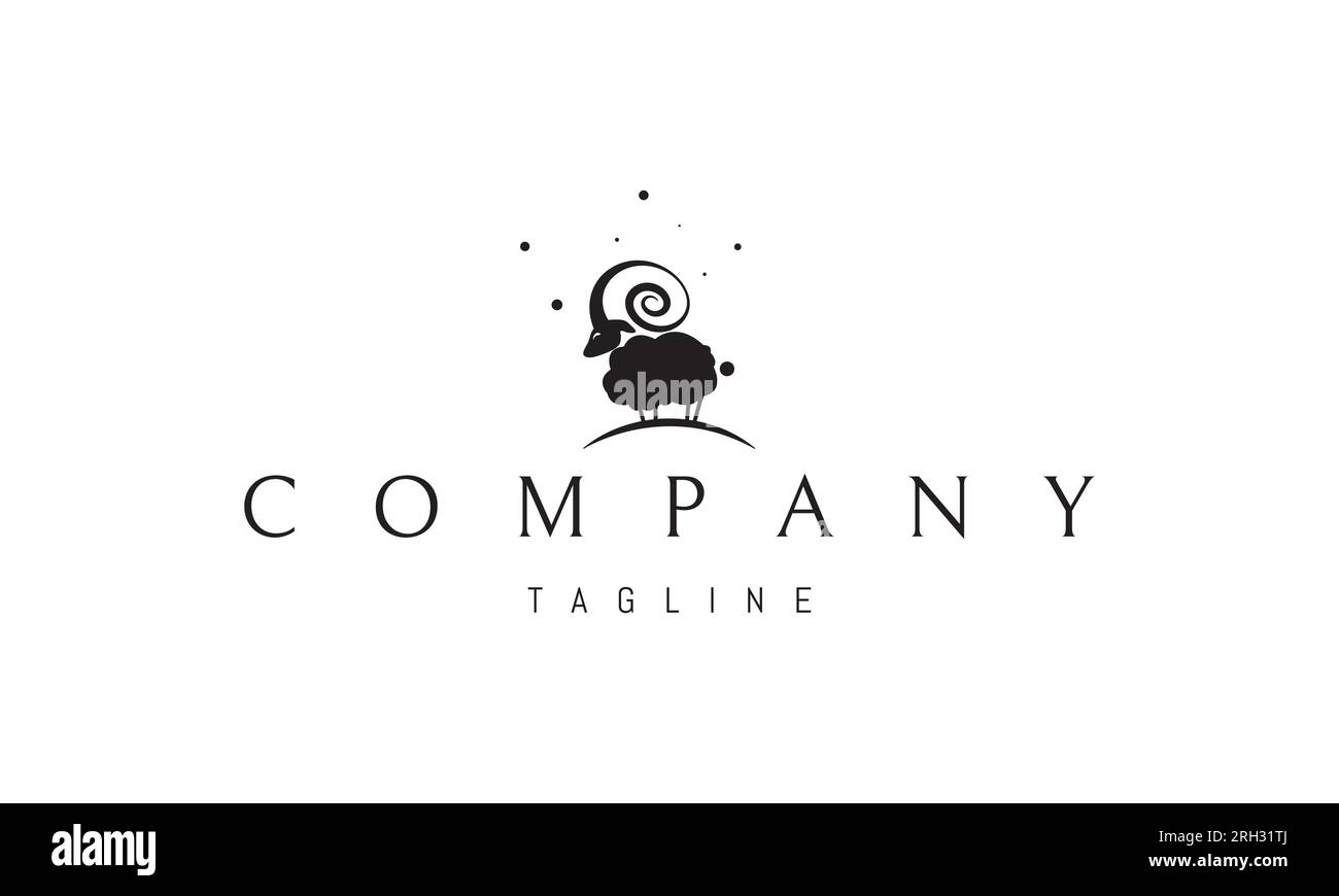 Vektorlogo, auf dem ein abstraktes Bild eines Lamms auf einer Wiese mit verdrehten Hörnern abgebildet ist. Stock Vektor