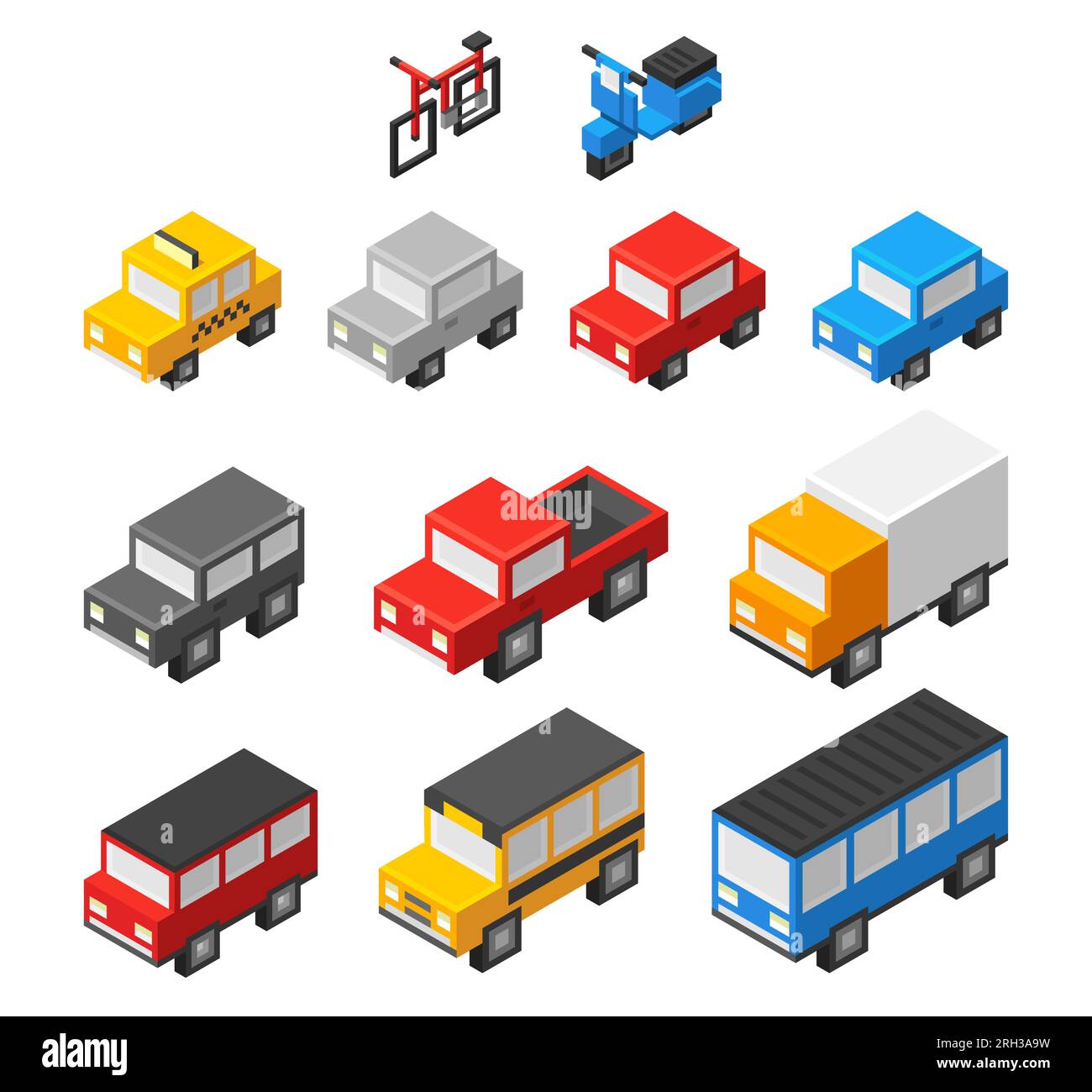 Set aus niedlichen 3D isometrischen Cartoon-Autos: Personenkraftwagen, öffentliche und kommerzielle Verkehrsmittel. Einfaches kubisches Design, Vektordarstellung. Stock Vektor