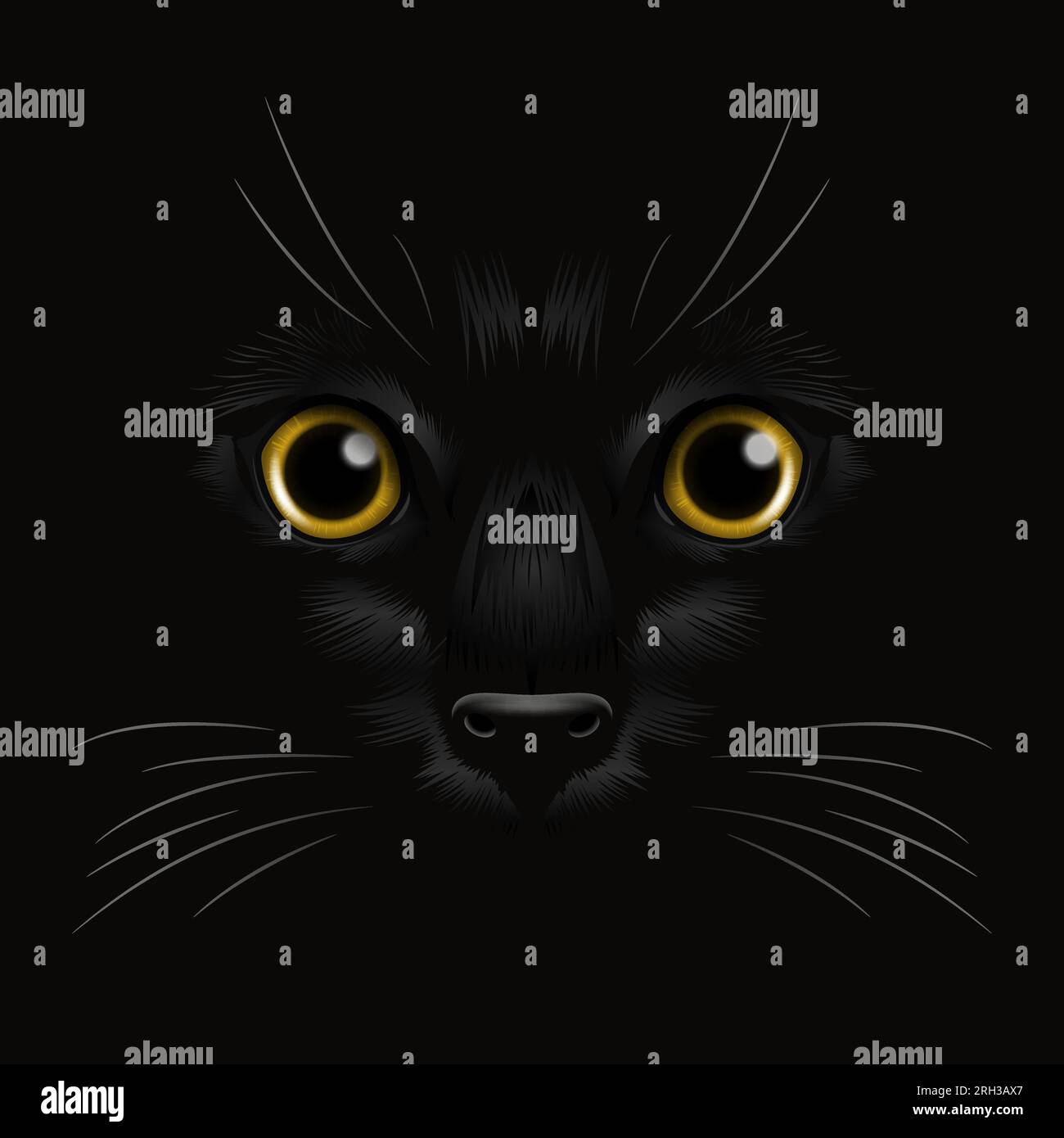 Vector 3D realistische gelbe Katzen Auge einer schwarzen Katze in der Dunkelheit, bei Nacht. Katzengesicht mit ja, Nase, Whisker auf Schwarz. Katzenaufdeckung, Blick in die Dunkelheit Stock Vektor