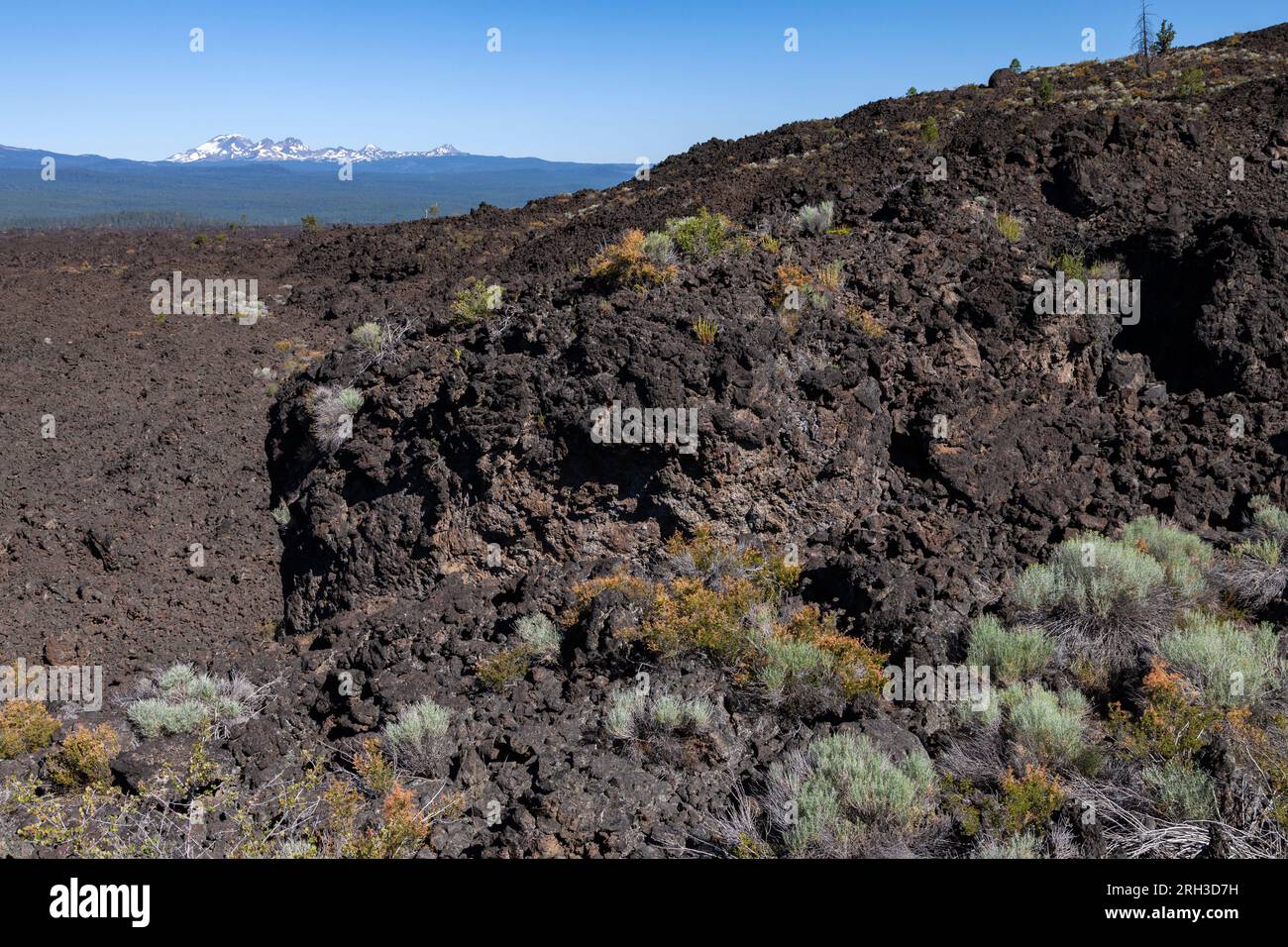 Das Lavafeld am Newberry Volcanic National Monument erstreckt sich westlich in Richtung der Vulkane South Sister, Broken Top und North Sister in der Deschutes Nationa Stockfoto