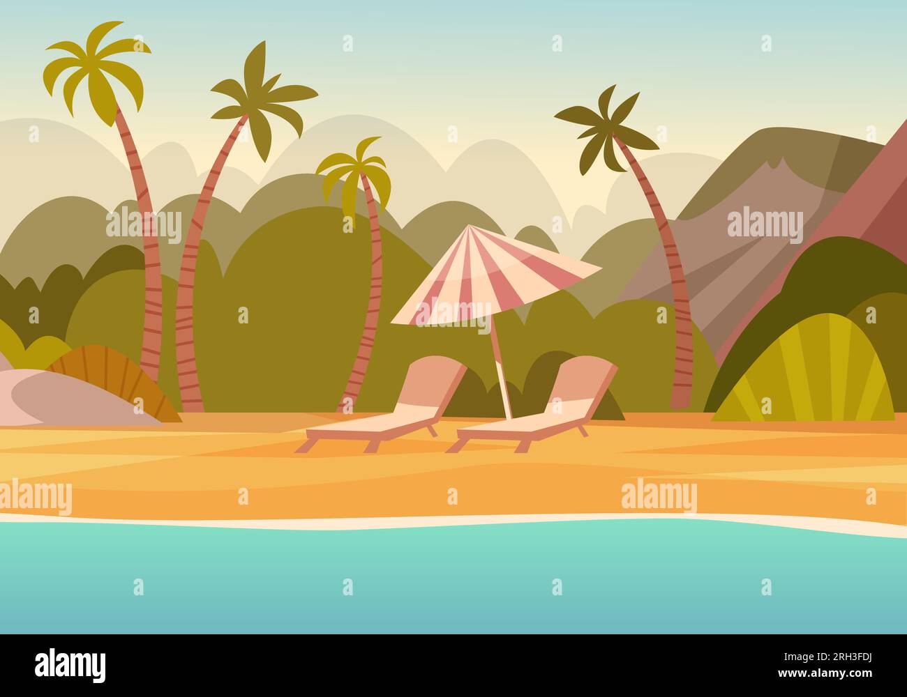 Sommerstrand. Horizontale Landschaft mit wunderschönem Entspannungsort am Meer und Palmen. Vektorhintergrund Stock Vektor
