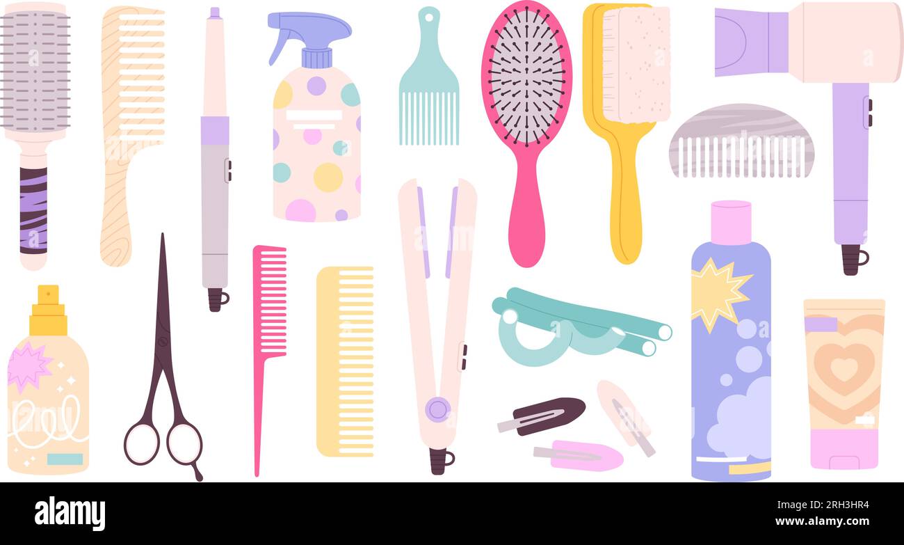 Cartoon Friseurwerkzeuge, Kosmetik und Ausrüstung. Barbershop-Werkzeug, Bürsten, Scheren und Haartrockner. Professioneller Salon-Reizvektor-Clipart Stock Vektor