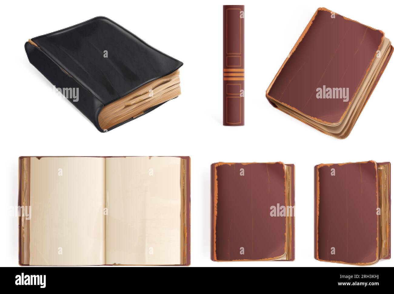 Realistische alte Bücher. 3D antikes offenes oder geschlossenes Buch mit Rücken in Vintage Dekor Ledertexturhülle aus der Universitätsbibliothek, Retro-Luxus-Wissen exakte Vektordarstellung des Buches realistisch offen Stock Vektor