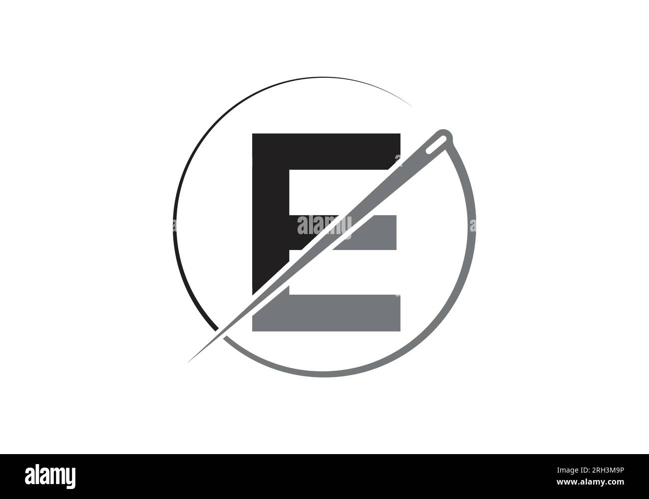 Anfangsbuchstabe E mit Tailor Logo, Nadel und Fadenkombination für Stickerei, Textil, Mode, Tuch, Stoffvorlage. Stock Vektor