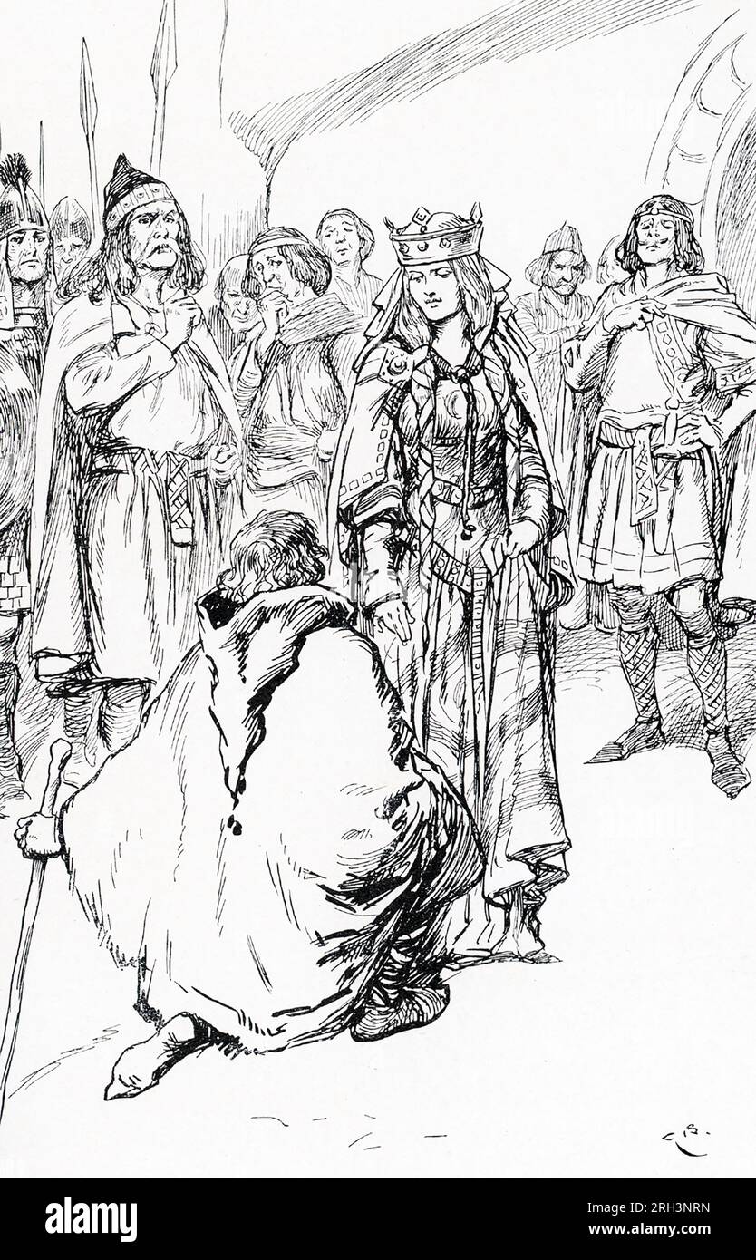 988 segelte Olaf Tryggvason nach England, weil Königin Gyda, die Schwester von Olaf Cuaran, König von Dublin, eine Versammlung einberufen hatte. Gyda war Witwe und suchte einen neuen Ehemann. Es waren viele Männer gekommen, aber Gyda hat Olaf Tryggvason auserwählt. Sie wollten heiraten, aber ein anderer Mann, Alfvine, erhob Einspruch und forderte Olaf und seine Männer zum skandinavischen Duell heraus. Olaf und seine Männer kämpften gegen Alfvines Crew und gewannen jede Schlacht, aber töteten keinen von ihnen; stattdessen bindeten sie sie. Alfvine sollte das Land verlassen und nie wiederkommen. Gyda und Olaf haben geheiratet. Stockfoto