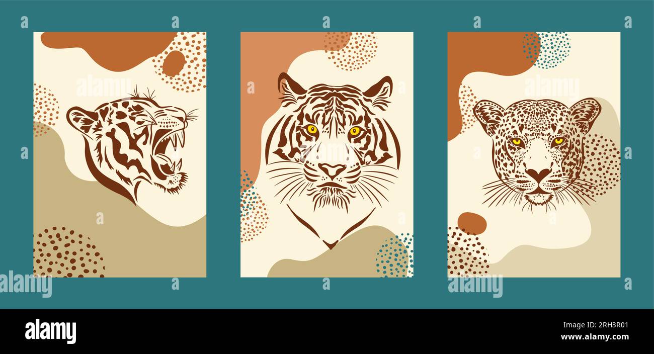 Ein Plakat mit Tigerkopf und Leoparden. Vektordarstellung Stock Vektor