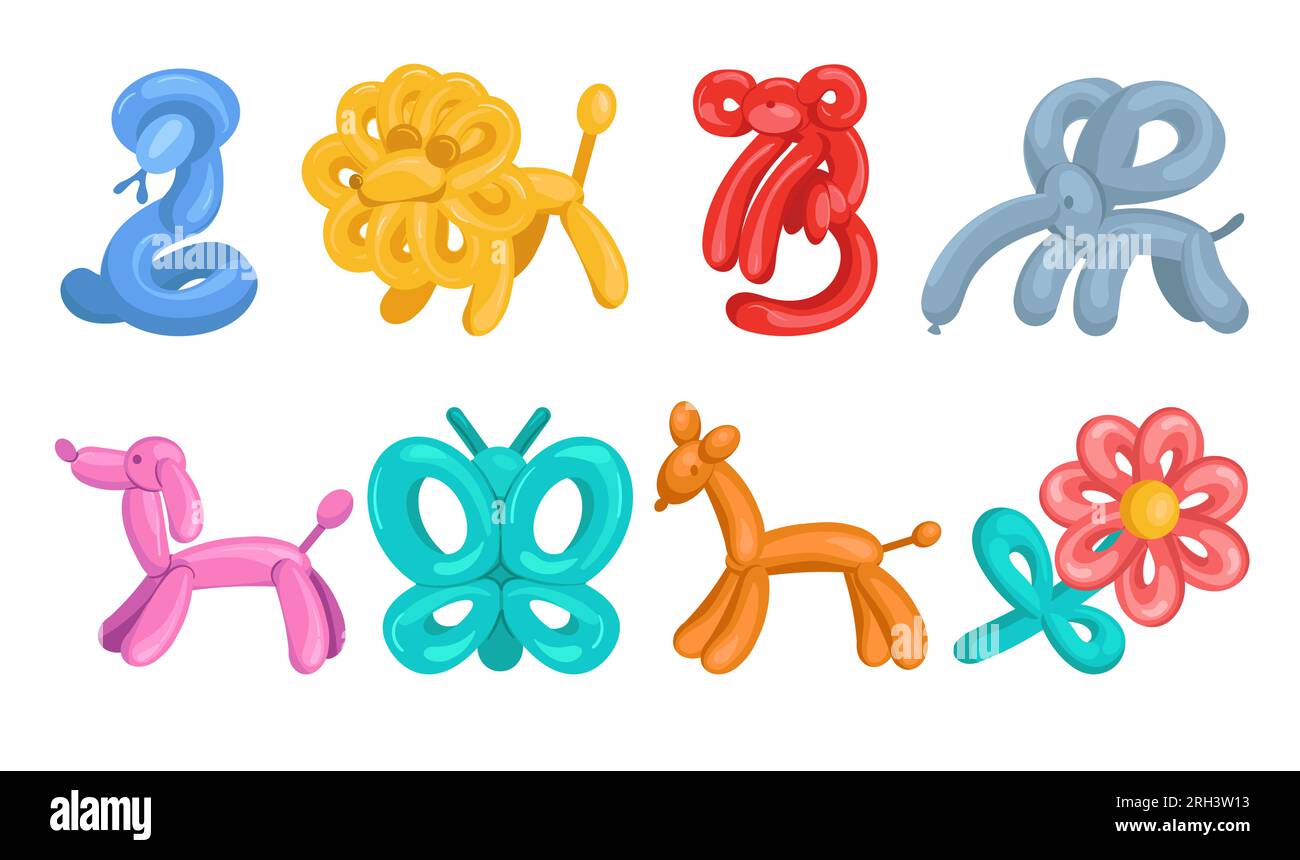 Farbballons in Tierform. Aufblasbares Kinderspielzeug. Luftfiguren. ZeichentrickLöwe und Schlange. Helium-aufgeblasener Hund und Elefant. Blume oder Affe Stock Vektor