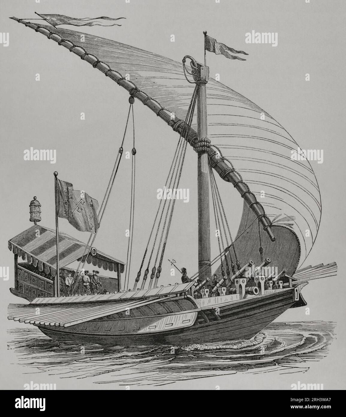 Päpstliche Galeere mit großen Ständern, Segeln, Rudern und schwerer Artillerie. 19. Jahrhundert Version einer Gravur von Frans Huys (ca. 1522-1562) im Jahre 1550 nach einer Zeichnung von Brueghel dem Ältesten (ca. 1525-1569). "Vie Militaire et Religieuse au Moyen Age et à l'Epoque de la Renaissance". Paris, 1877. Stockfoto