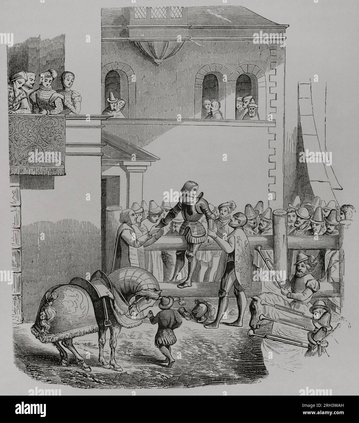 Erniedrigung eines Ritters. Gravur aus dem 19. Jahrhundert nach einem Holzschnitt, der Jost Amman 1565 zugeschrieben wurde. „Vie Militaire et Religieuse au Moyen Age et à L'Epoque de la Renaissance“. Paris, 1877. Stockfoto