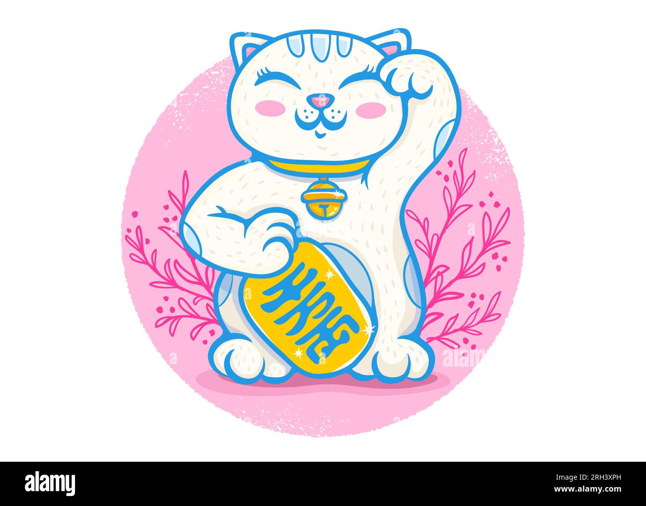 Vektor-Retro-Poster mit glücklicher Katze. Neko auf rosa Hintergrund mit Pflanzen. Vektor kawaii Glückliche Katze Stock Vektor